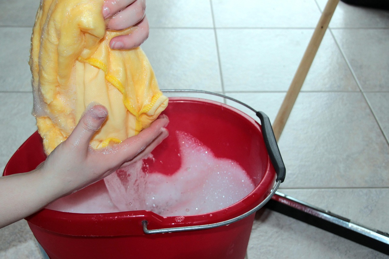 cleaning bucket, cleaning rags, soapy water, transducer, clean, wring clean, scraper, clean the floo