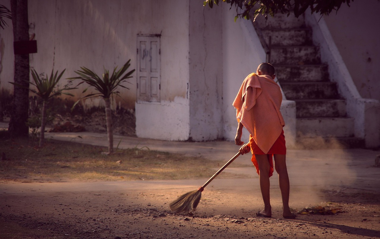 monk, monastery, sweep, clean, broom, monk, monk, sweep, sweep, clean, clean, broom, broom, broom, b