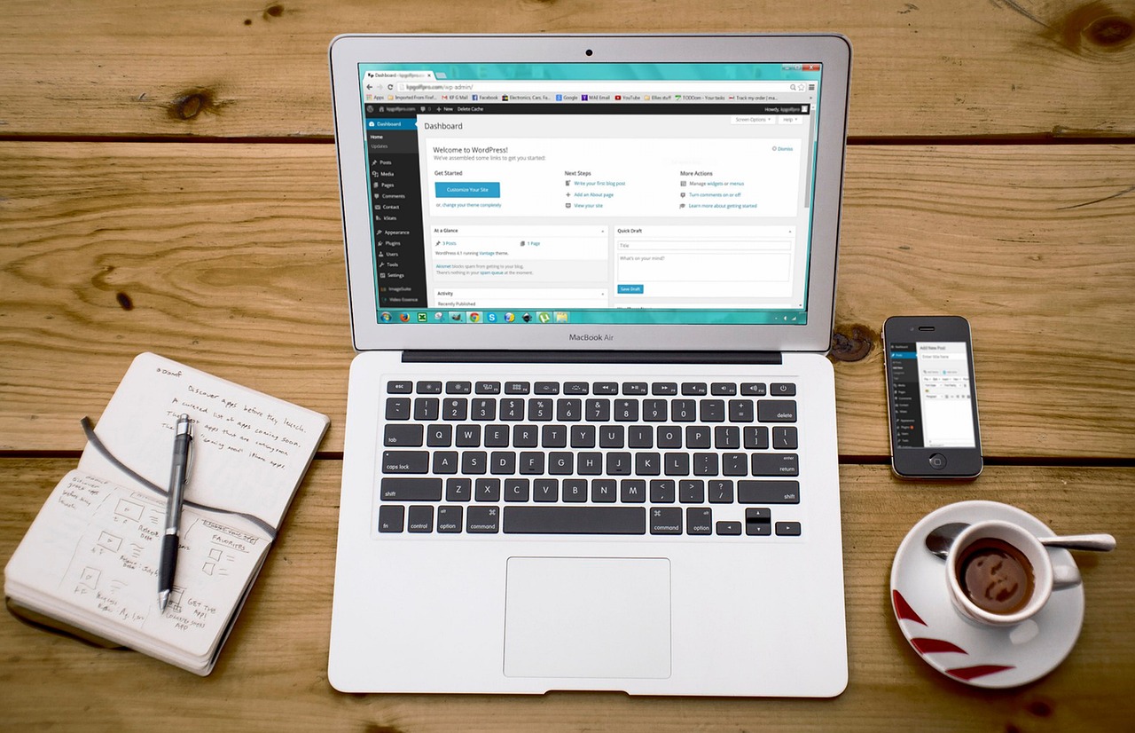 laptop, wordpress, wordpress design, smartphone, work station, notebook, coffee, computer, website,